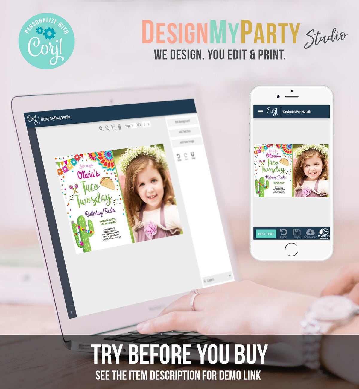 Editable Taco Twosday Invitation Girl Cactus Samba Twosday Second Birthday Fiesta 2nd Download Printable Invitation Template Evite 0045