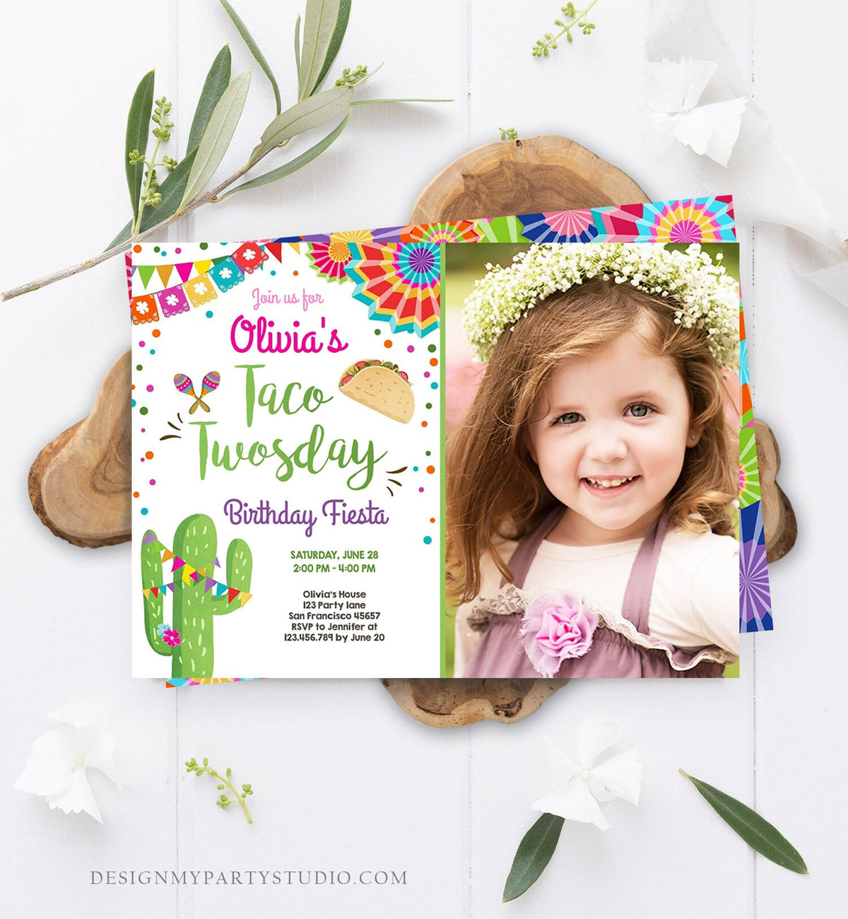 Editable Taco Twosday Invitation Girl Cactus Samba Twosday Second Birthday Fiesta 2nd Download Printable Invitation Template Evite 0045