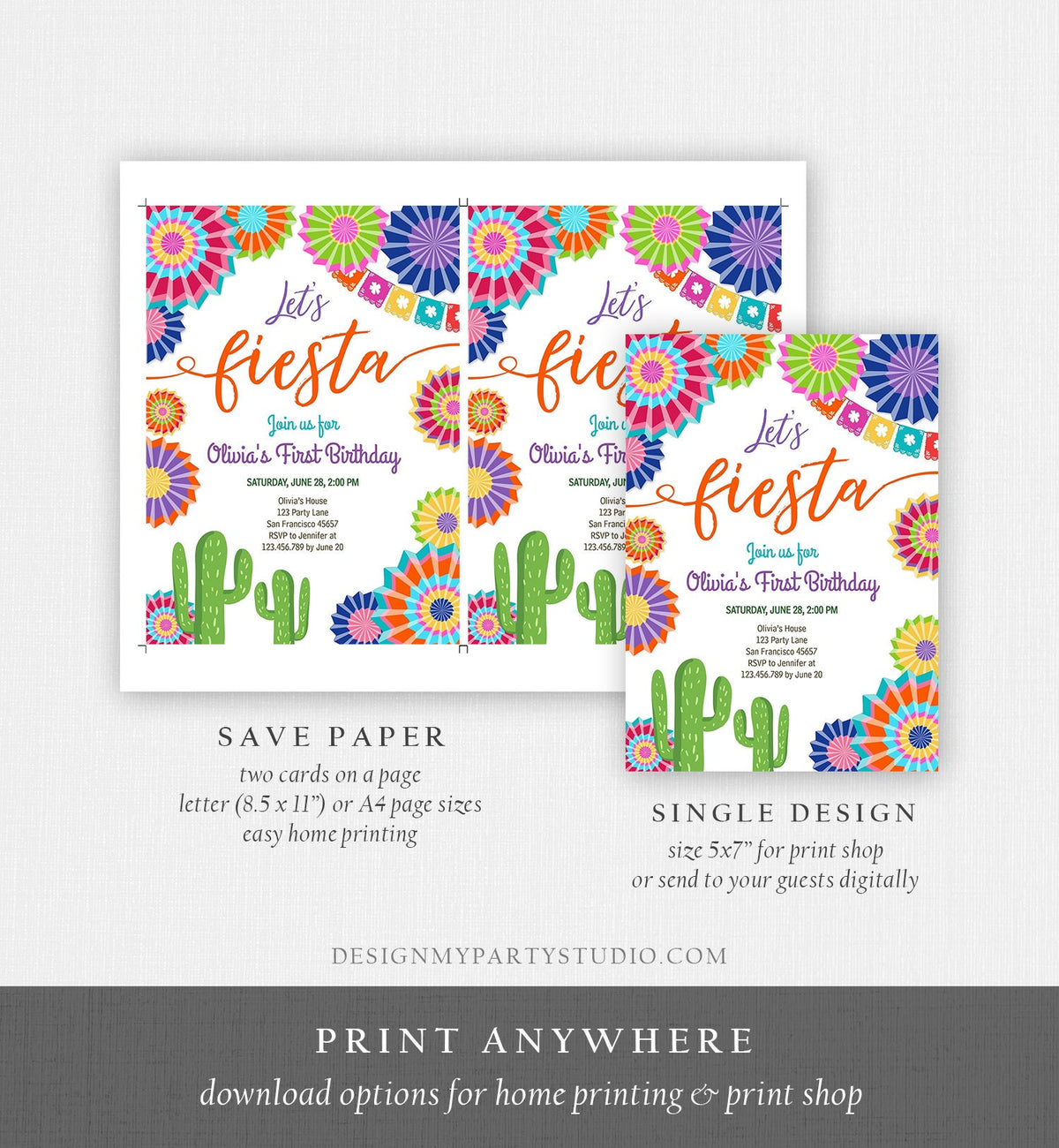 Editable Let&#39;s Fiesta Birthday Invitation ANY AGE Girl First Birthday Uno Cactus Cinco Mayo Mexican Download Corjl Template Printable 0236
