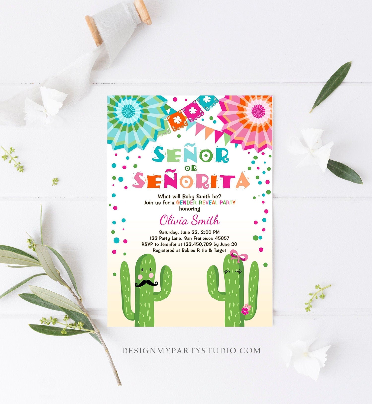 Editable Señor Or Señorita Gender Reveal Invitation Fiesta Boy or Girl Cactus Mexican Senor Senorita Blue Pink Confetti Corjl Template 0045