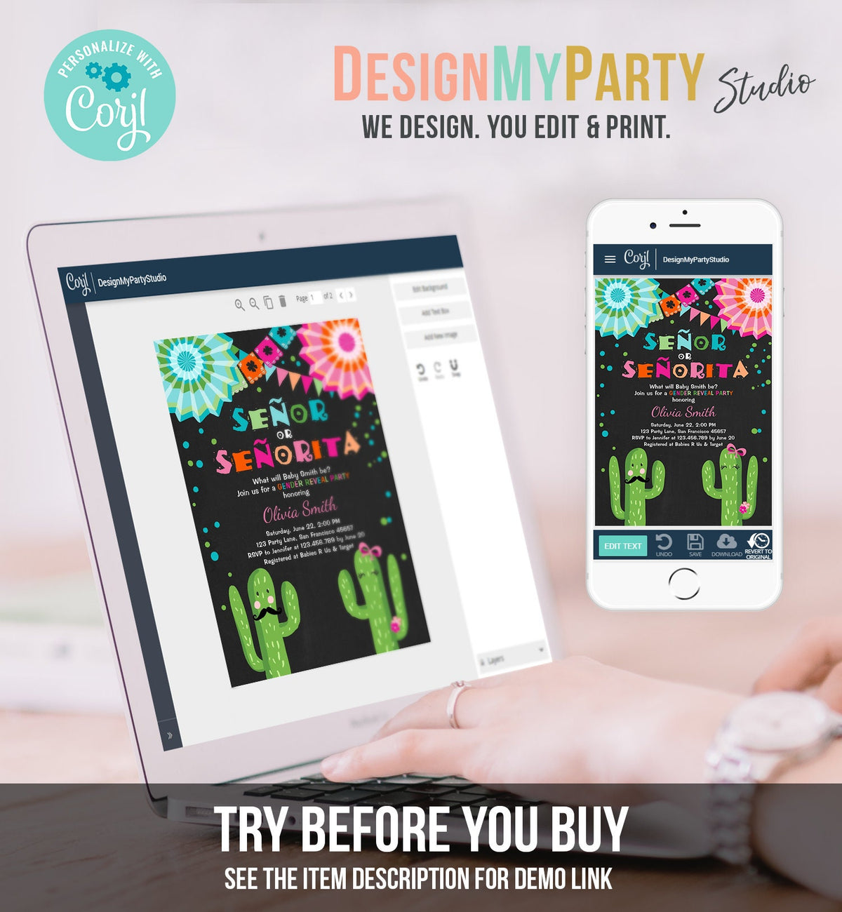 Editable Señor Or Señorita Gender Reveal Invitation Fiesta Boy Girl Cactus Mexican Senor Senorita Blue Pink Digital Template Printable 0045