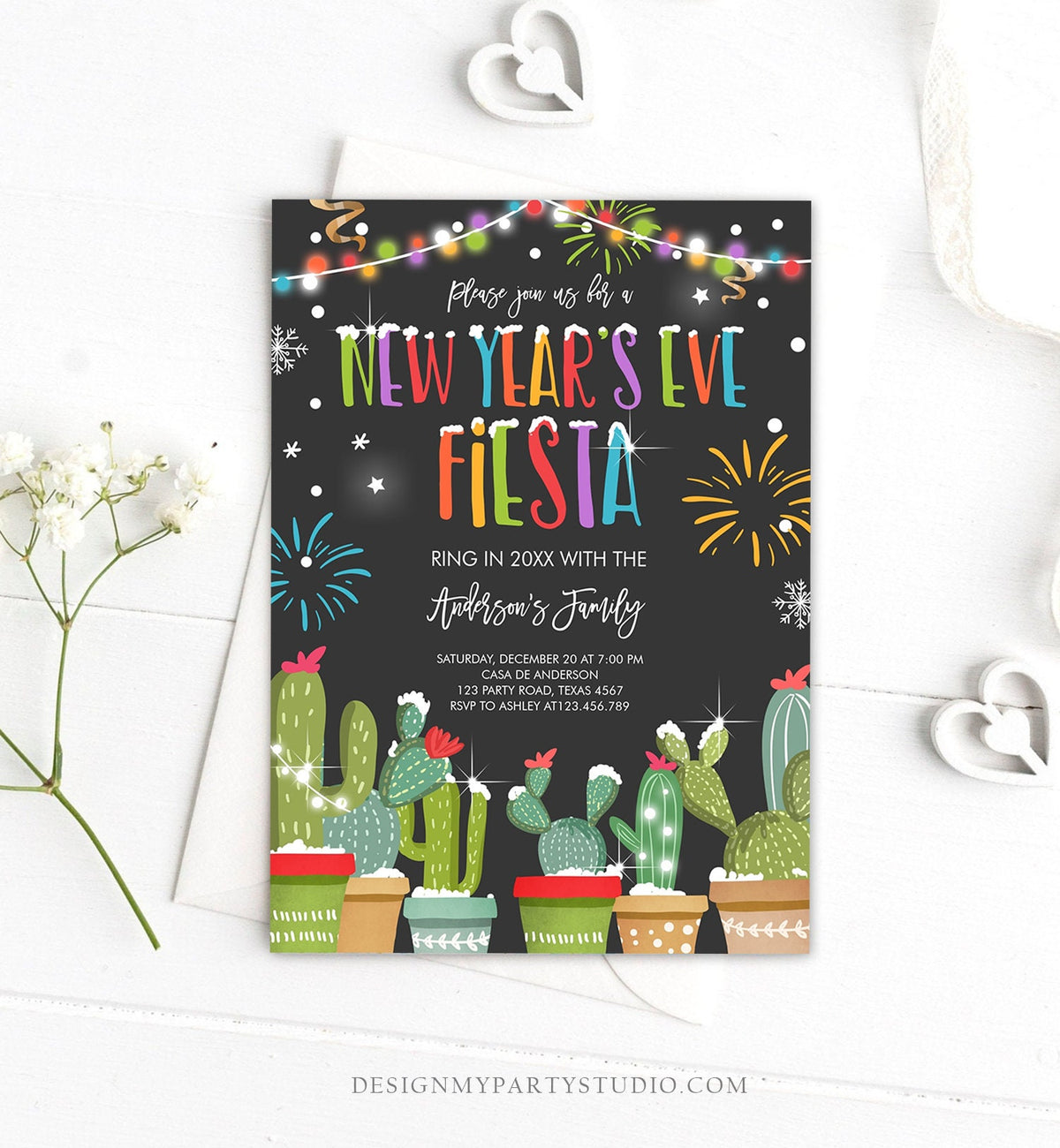 Editable New Years Eve Fiesta Invitation Cactus Mexican New Years Eve Invite Holiday Party New Year&#39;s Digital Evite Template Printable 0273