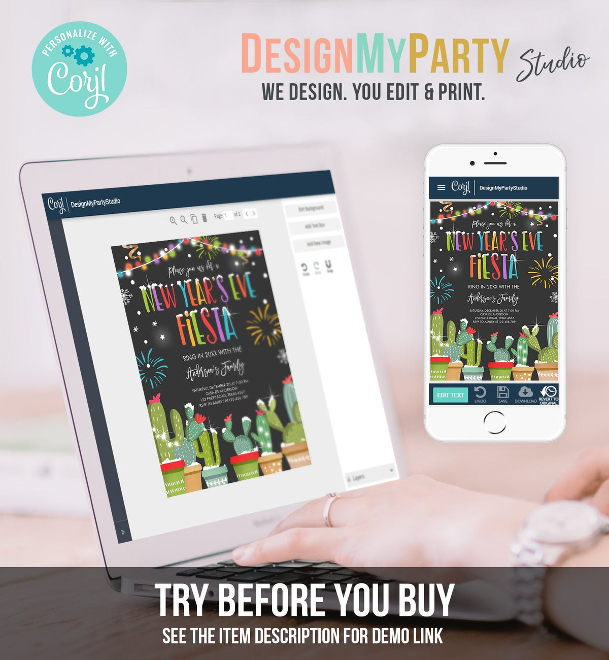 Editable New Years Eve Fiesta Invitation Cactus Mexican New Years Eve Invite Holiday Party New Year&#39;s Digital Evite Template Printable 0273