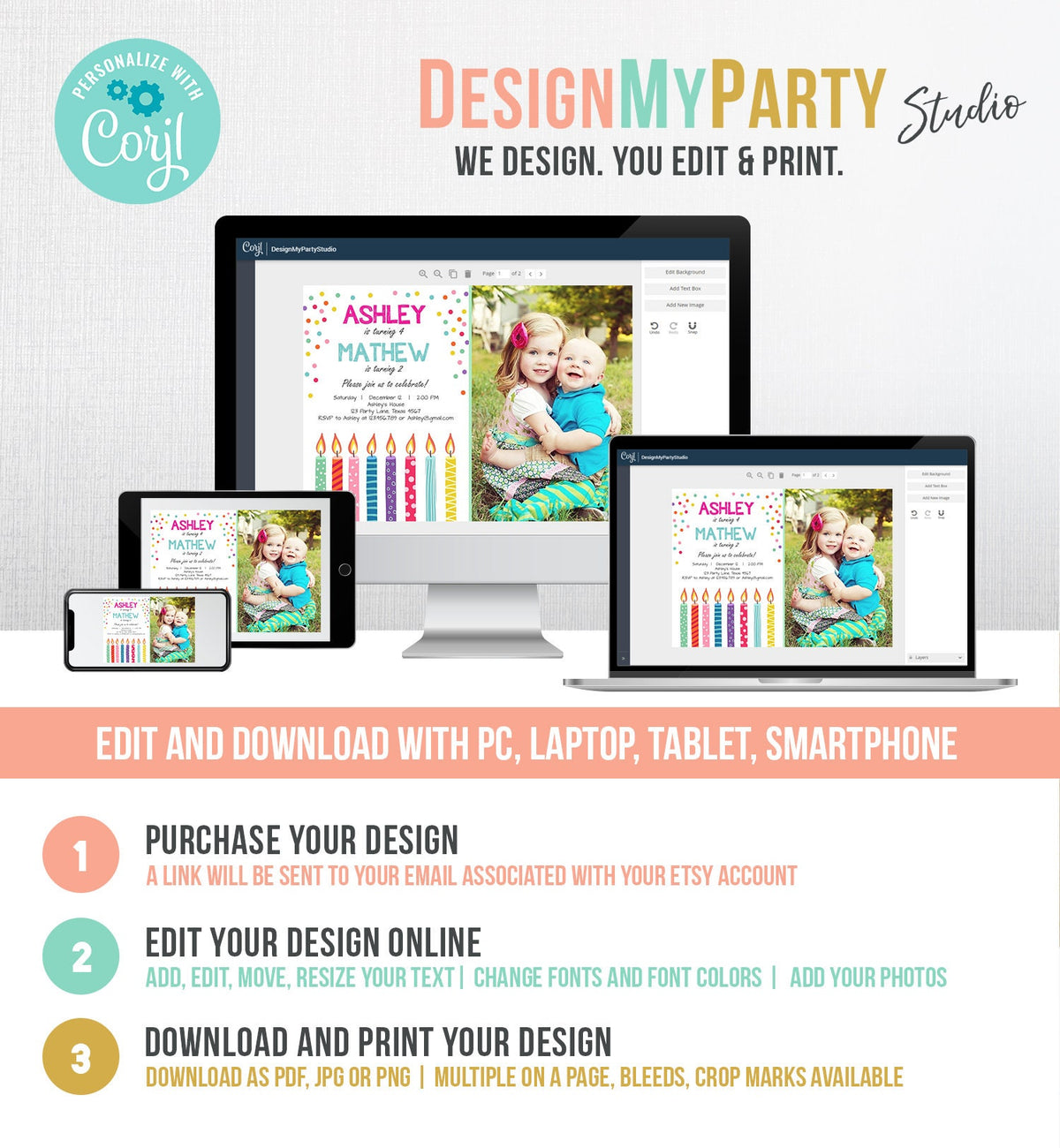 Editable Joint Twin Birthday Invitation Twins Confetti Siblings Birthday Party Boy Girl Download Printable Template Digital Corjl 0277