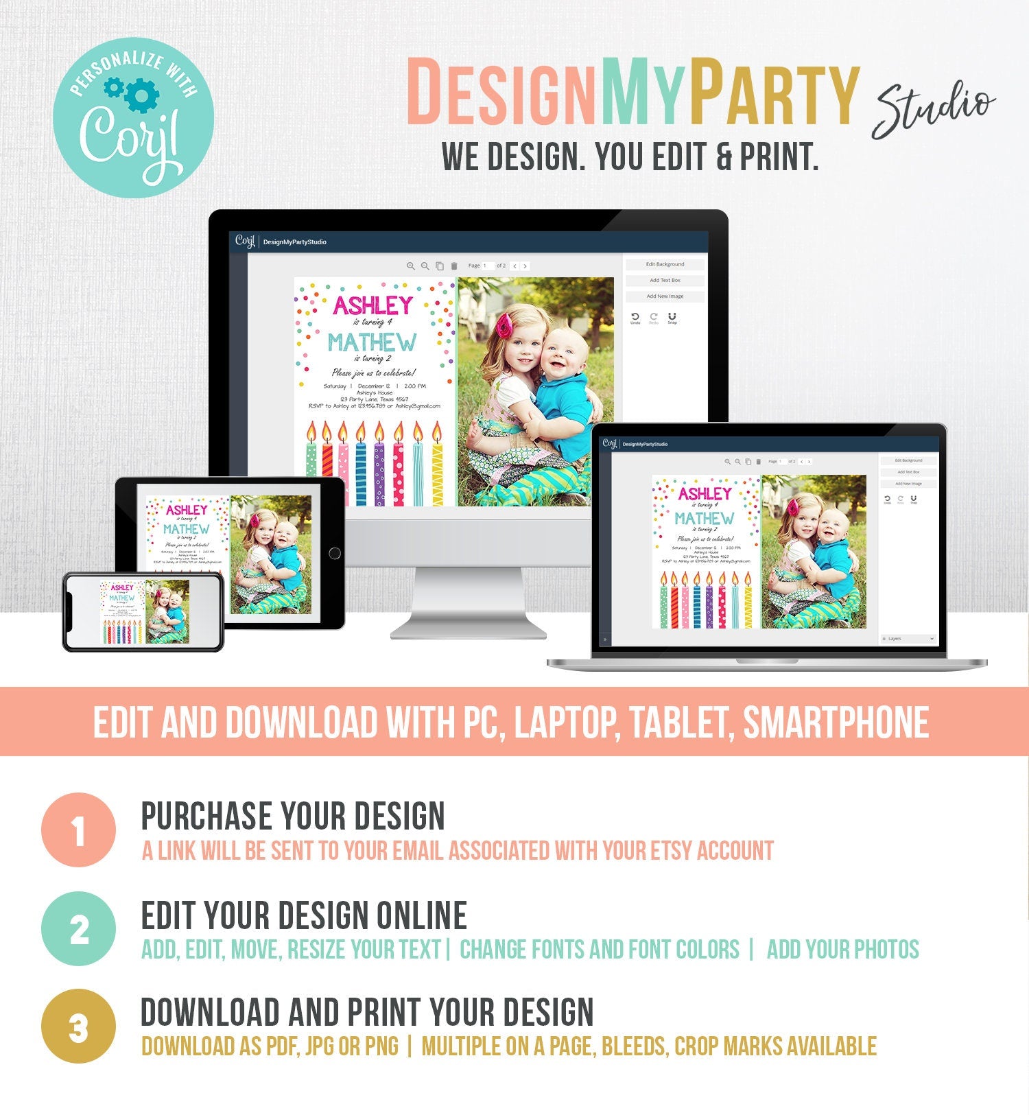 Editable Joint Twin Birthday Invitation Twins Confetti Siblings Birthday Party Boy Girl Download Printable Template Digital Corjl 0277