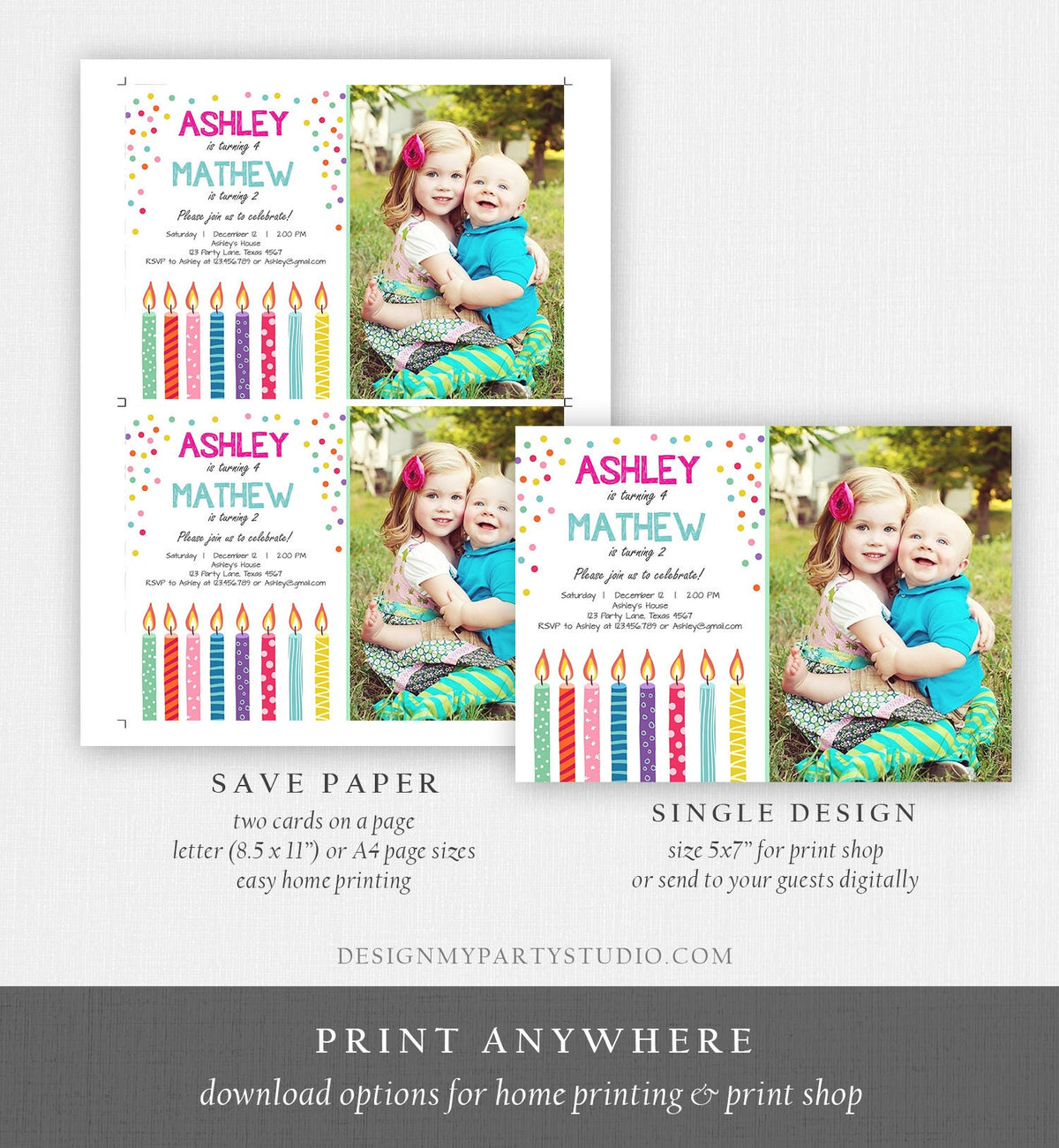 Editable Joint Twin Birthday Invitation Twins Confetti Siblings Birthday Party Boy Girl Download Printable Template Digital Corjl 0277
