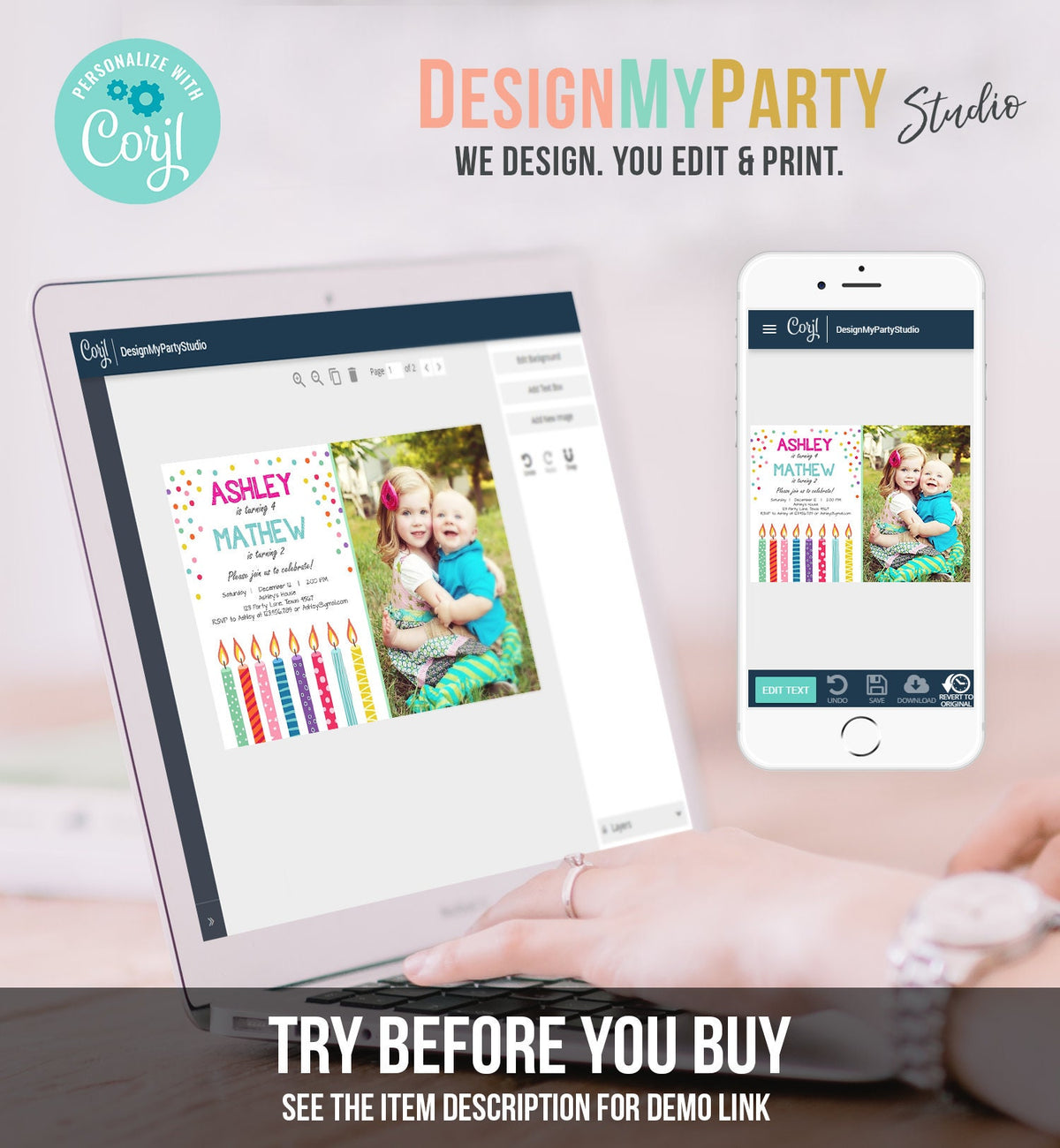 Editable Joint Twin Birthday Invitation Twins Confetti Siblings Birthday Party Boy Girl Download Printable Template Digital Corjl 0277