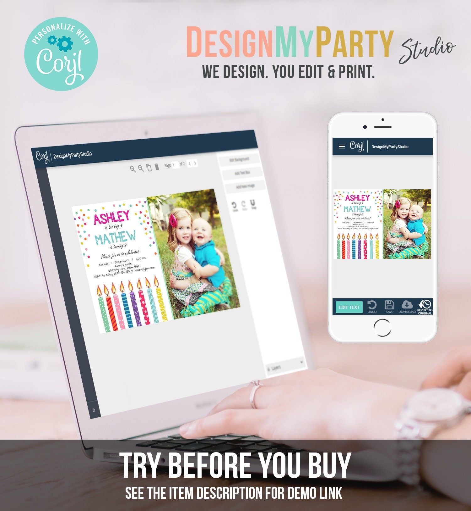 Editable Joint Twin Birthday Invitation Twins Confetti Siblings Birthday Party Boy Girl Download Printable Template Digital Corjl 0277