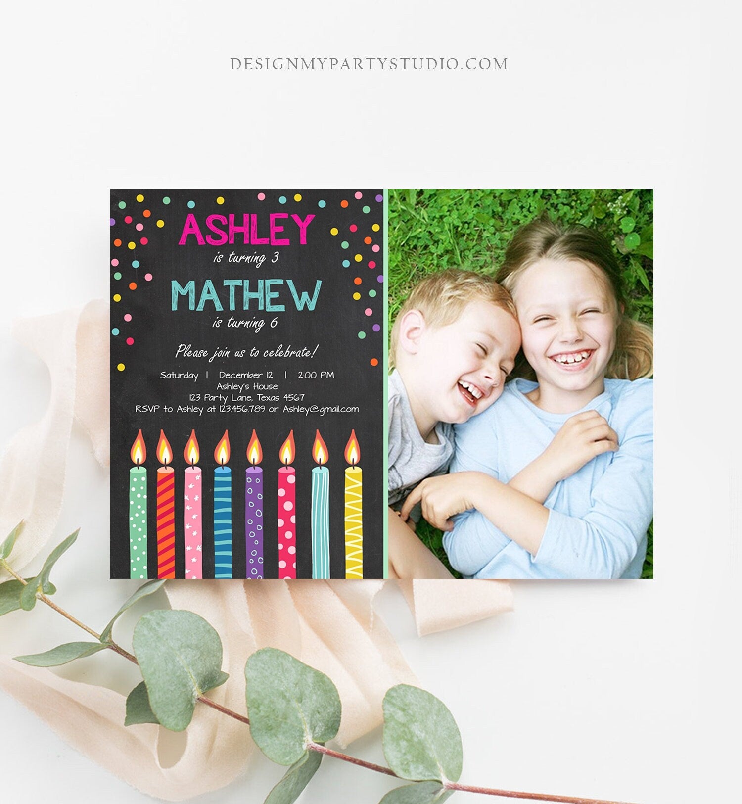 Editable Joint Twin Birthday Invitation Twins Confetti Siblings Birthday Party Boy Girl Download Printable Template Digital Corjl 0277