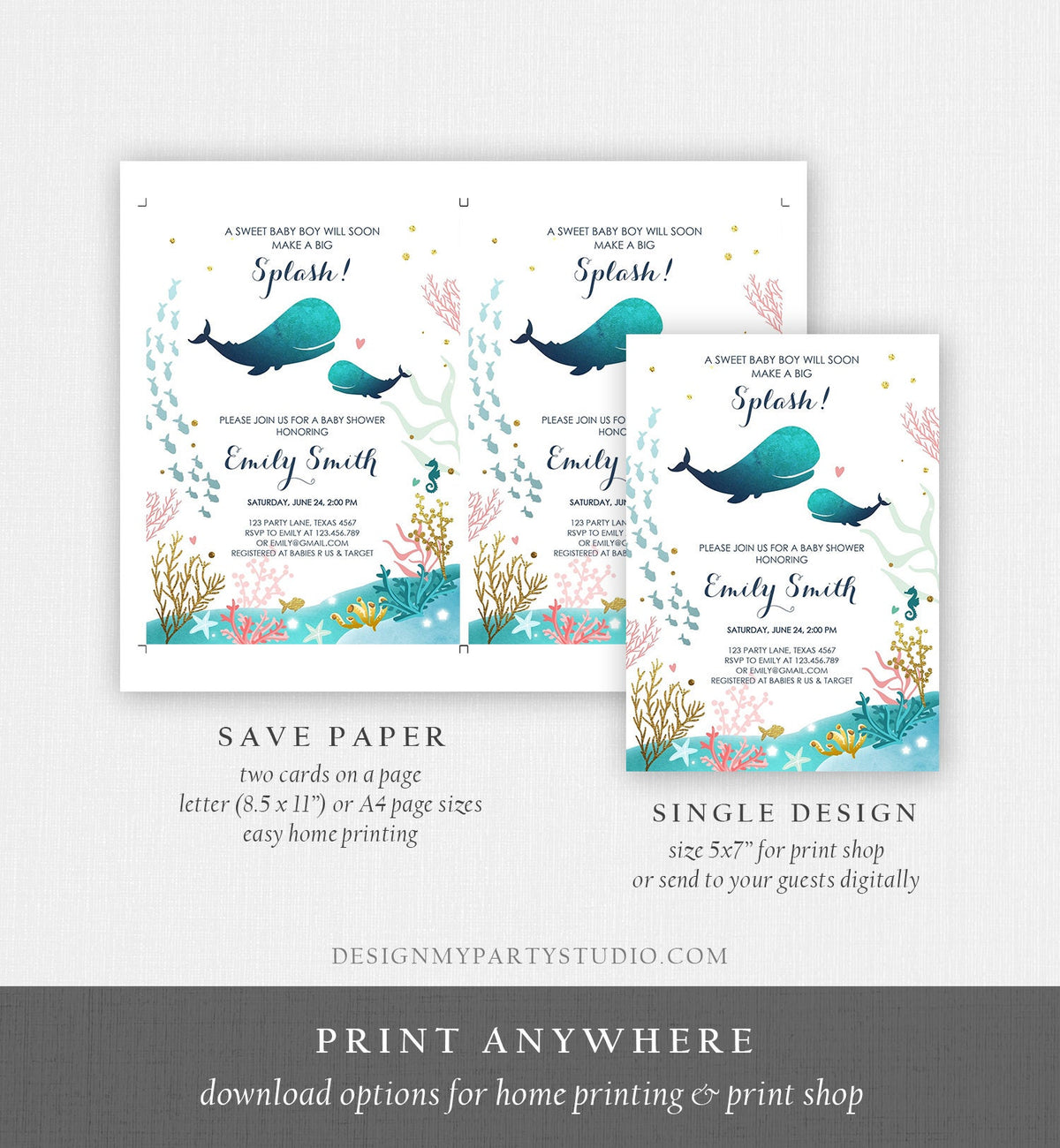 Editable Baby Shower Invitation Nautical Whale Baby Shower Invite Its a Boy Ocean Ahoy Watercolor Download Printable Template Corjl 0118