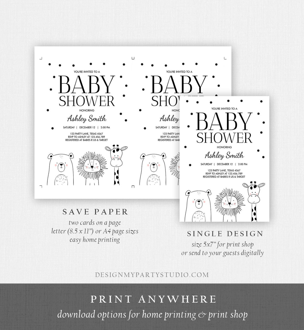 Editable Baby Shower Invitation Animals Cute Safari Animal Woodland Zoo Jungle Gender Neutral Modern Template Download Digital Corjl 0039