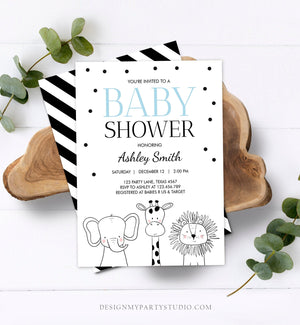 Editable Baby Shower Invitation Animals Cute Safari Animal Zoo Jungle Blue Boy Modern Baby Shower Template Download Digital Corjl 0039