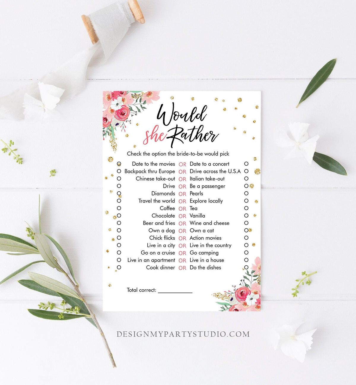Editable Would She Rather Bridal Shower Game Wedding Shower Activity Floral Pink Gold Confetti Party Digital Template Printable 0030 0318