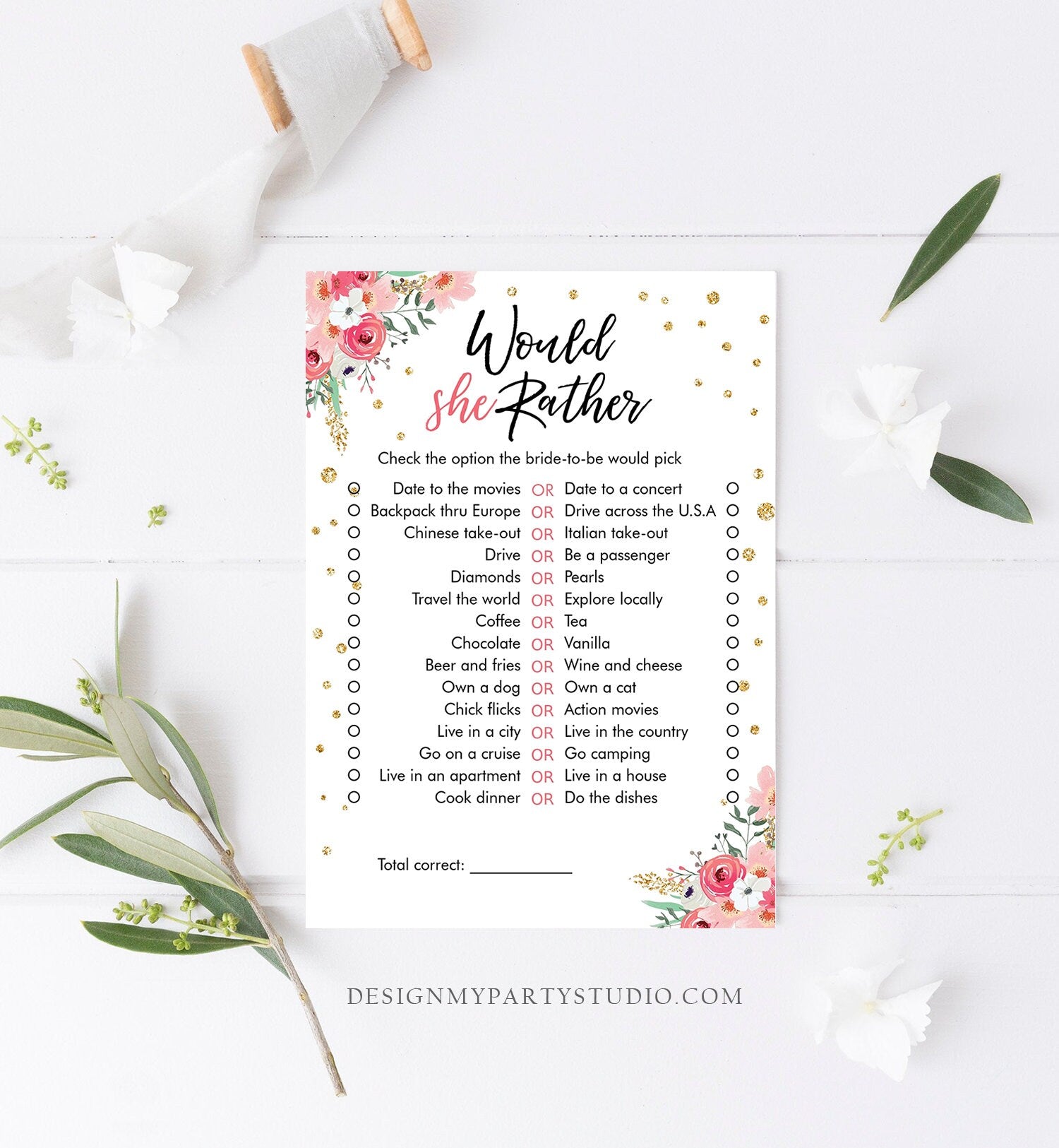 Editable Would She Rather Bridal Shower Game Wedding Shower Activity Floral Pink Gold Confetti Party Download Corjl Printable 0030 0318