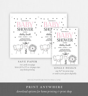 Editable Baby Shower Invitation Animals Cute Safari Animal Zoo Jungle Pink Girl Modern Baby Shower Template Download Digital Corjl 0039