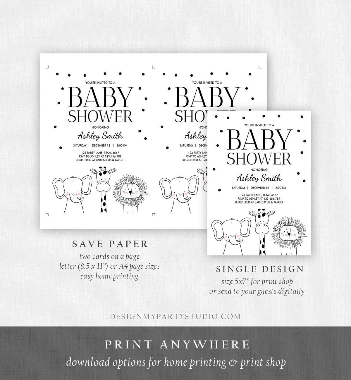 Editable Baby Shower Invitation Animals Cute Safari Animal Zoo Jungle Modern Gender Neutral Simple Template Download Digital Corjl 0039