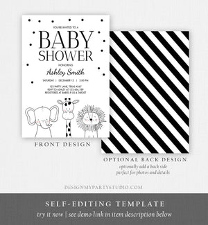 Editable Baby Shower Invitation Animals Cute Safari Animal Zoo Jungle Modern Gender Neutral Simple Template Download Digital Corjl 0039