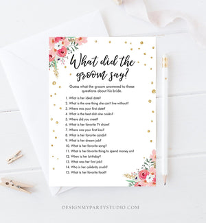Editable What Did The Groom Say About His Bride Game Bridal Shower Game Pink Floral Gold Confetti Download Corjl Printable 0030 0318