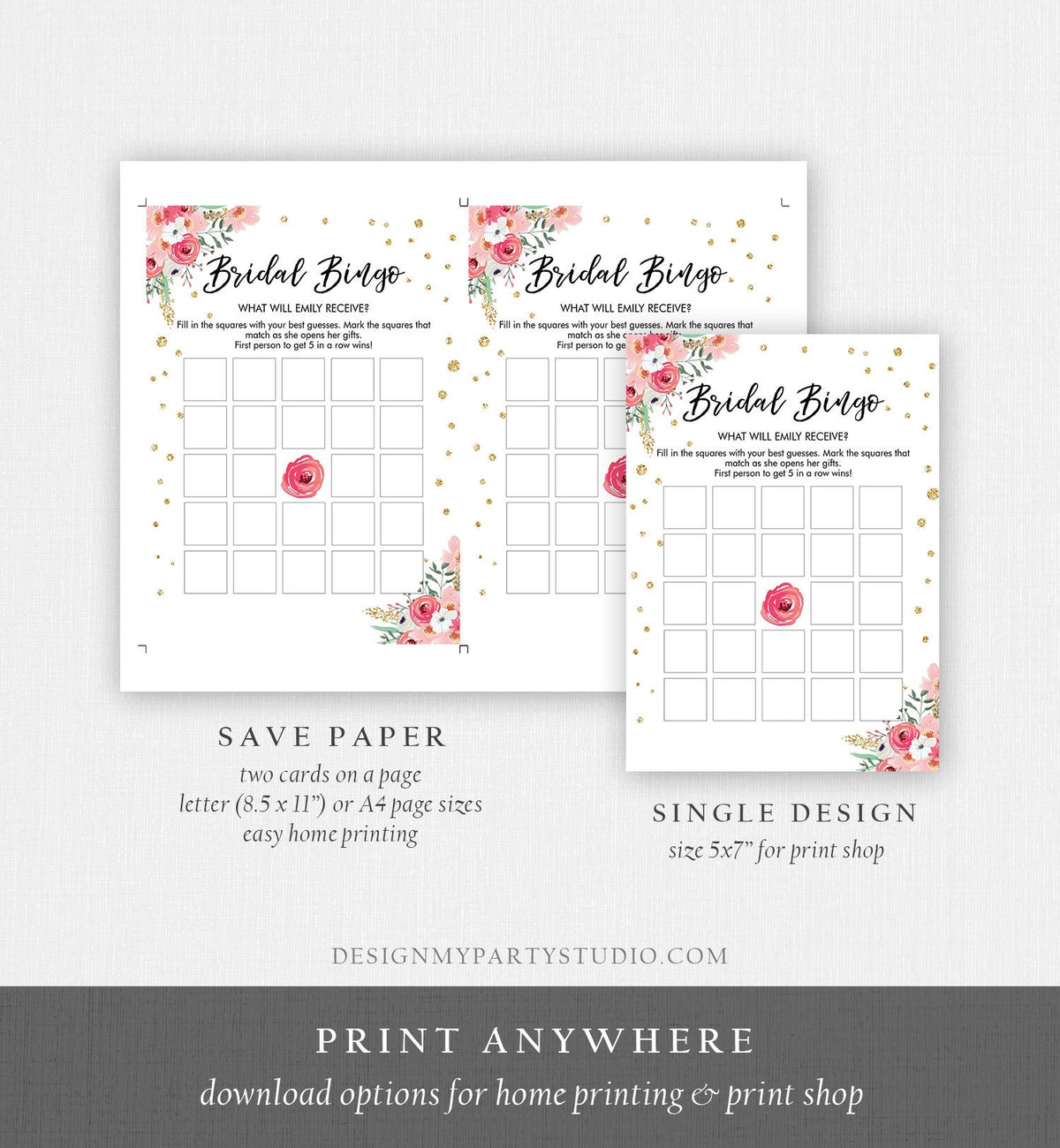 Editable Bingo Bridal Shower Game Wedding Shower Activity Floral Pink Gold Confetti Travel Flowers Digital Template Printable 0030 0318