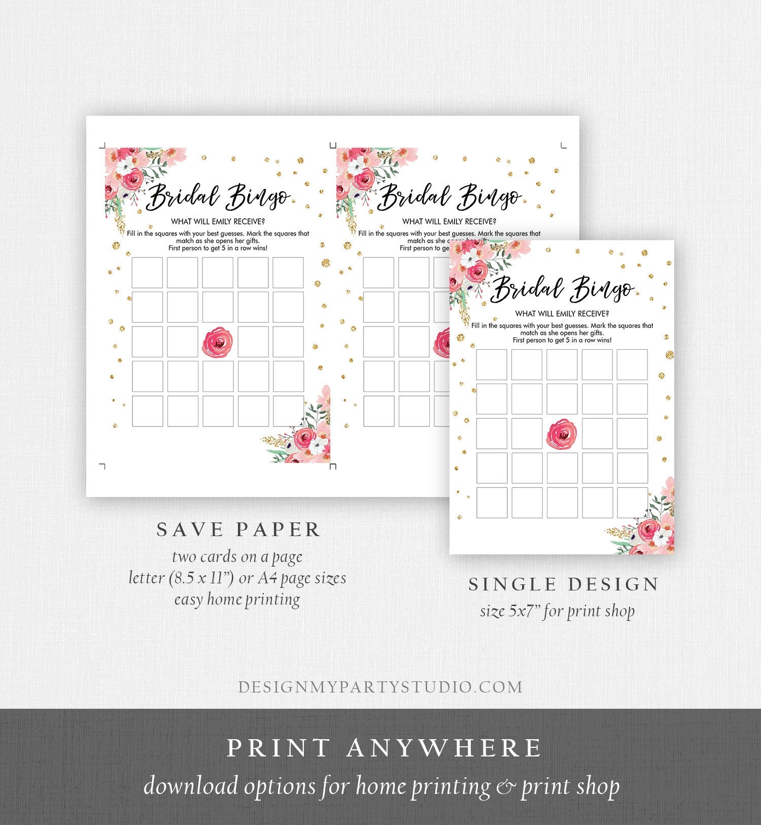 Editable Bingo Bridal Shower Game Wedding Shower Activity Floral Pink Gold Confetti Travel Flowers Digital Template Printable 0030 0318