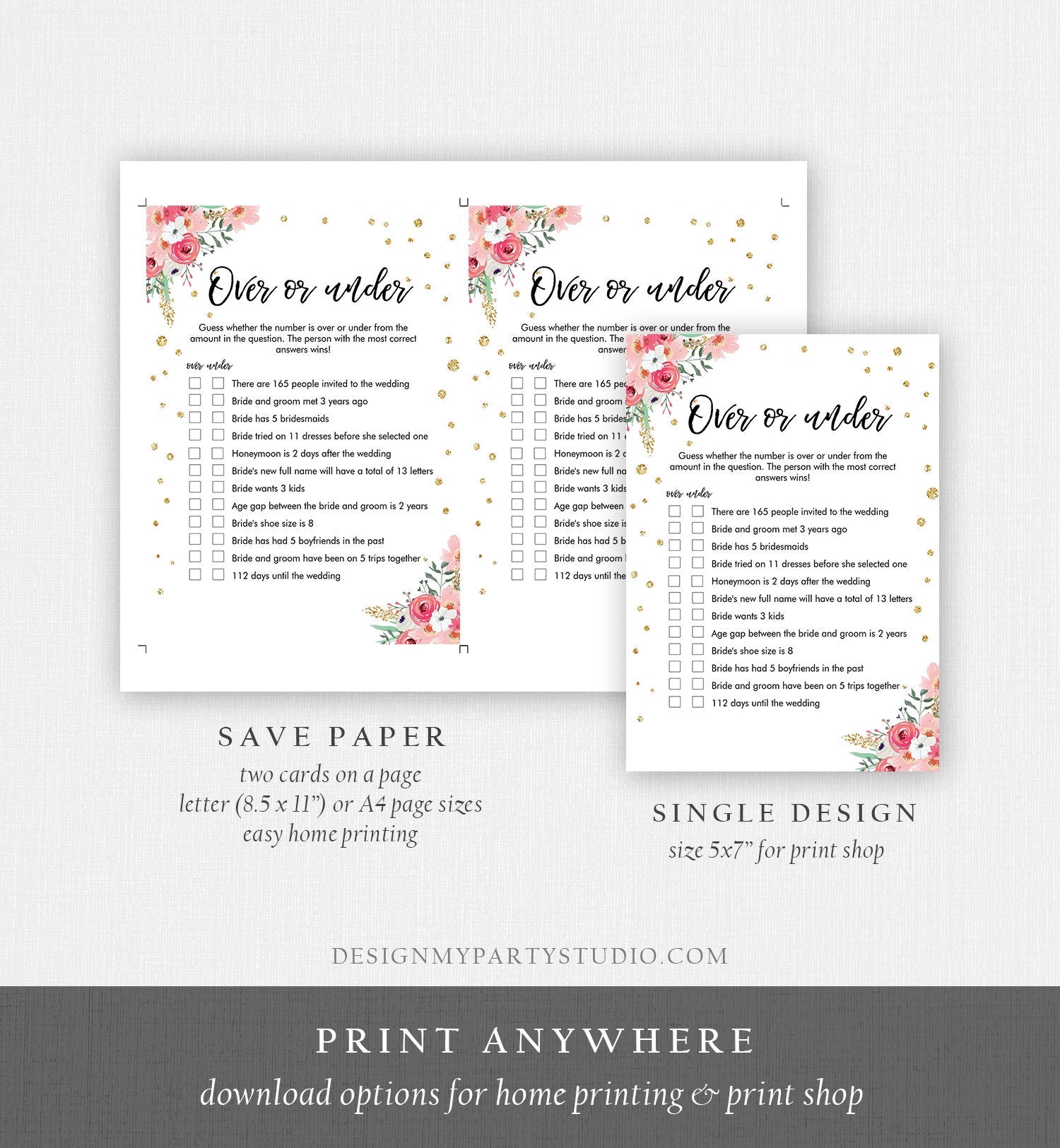 Editable Over or Under Bridal Shower Game Floral Greenery Pink Gold Confetti Hens Night Guessing Pink Digital Template Printable 0030 0318