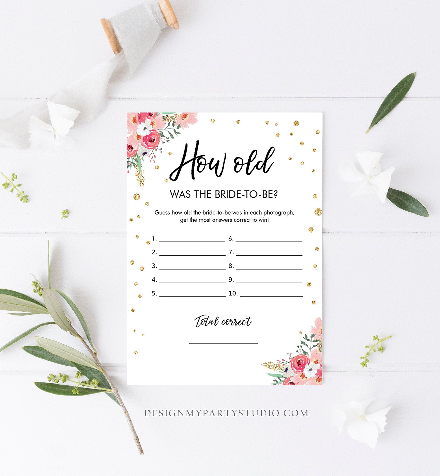 Editable How Old Was The Bride-to-Be Bridal Shower Game Wedding Shower Activity Floral Pink Gold Confetti Corjl Template Printable 0030 0318