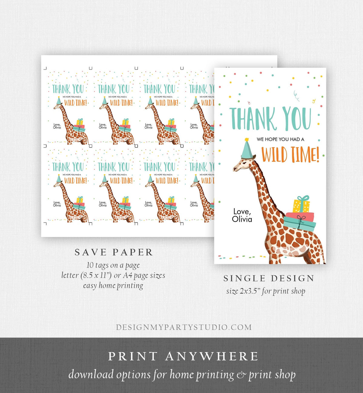 Editable Party Animals Favor Tags Safari Animals Wild One Thank Gift Tag Zoo Birthday Wild Time Giraffe Digital Template Printable 0142