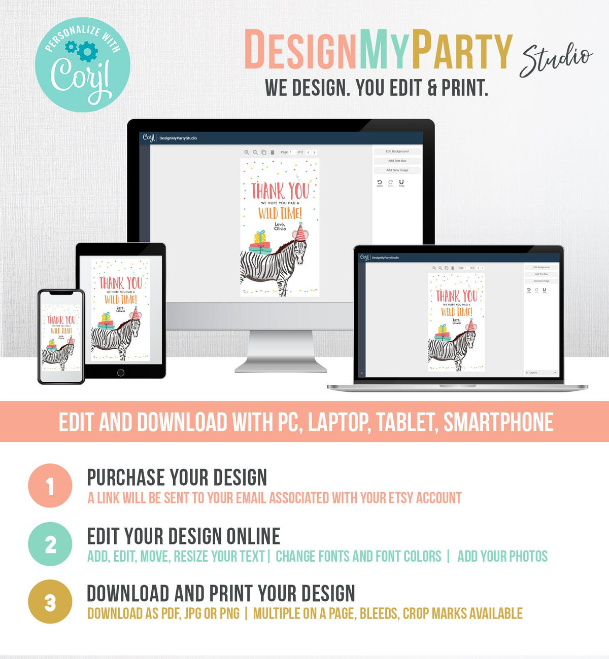 Editable Party Animals Favor Tag Wild One Thank You Tag Safari Animals Zoo Birthday Wild Time Gift Zebra Digital Template Printable 0142