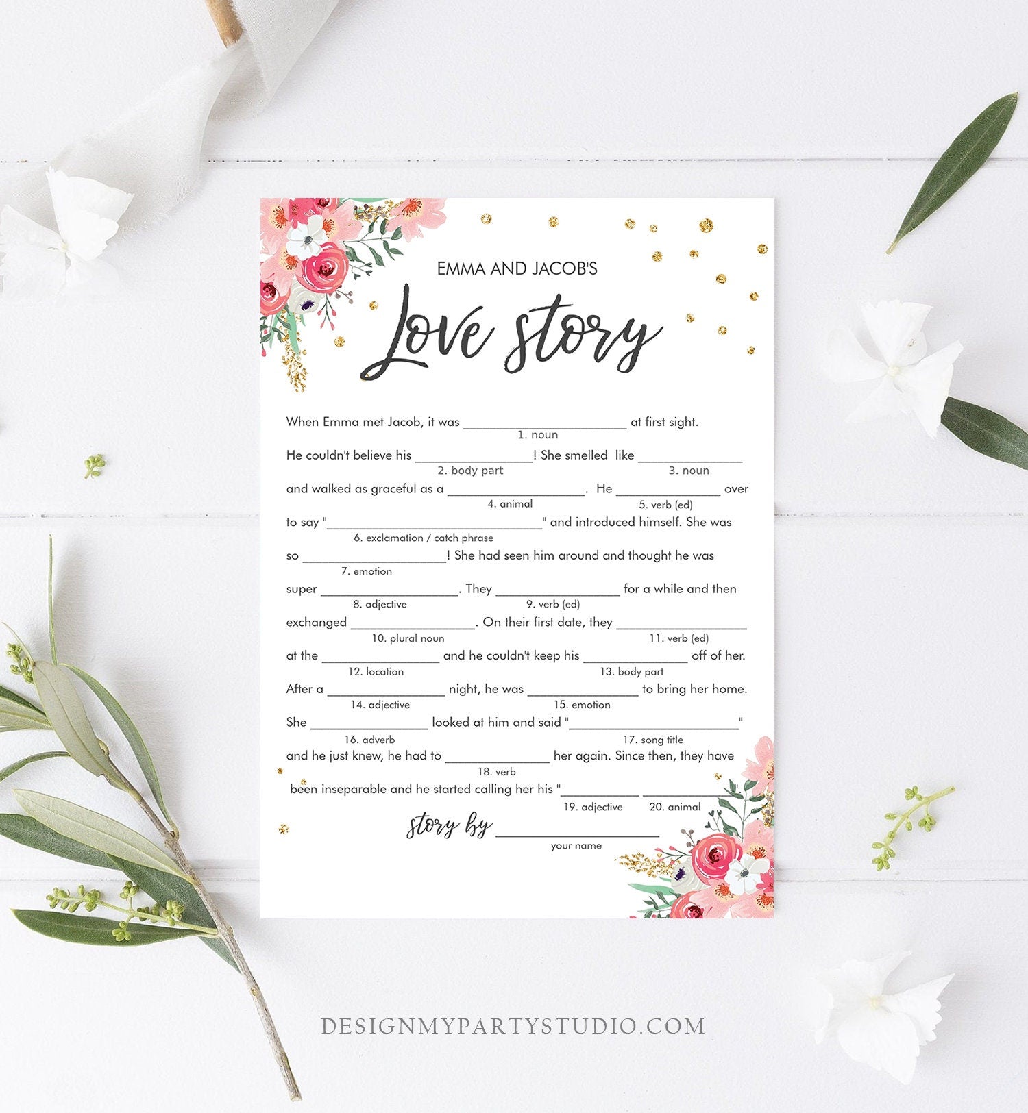 Editable Love Story Bridal Shower Game Funny Pink Floral Gold Confetti Shower Activity Wedding Foliage Download Corjl Template 0030 0318