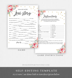 Editable Love Story Bridal Shower Game Funny Pink Floral Gold Confetti Shower Activity Wedding Foliage Download Corjl Template 0030 0318