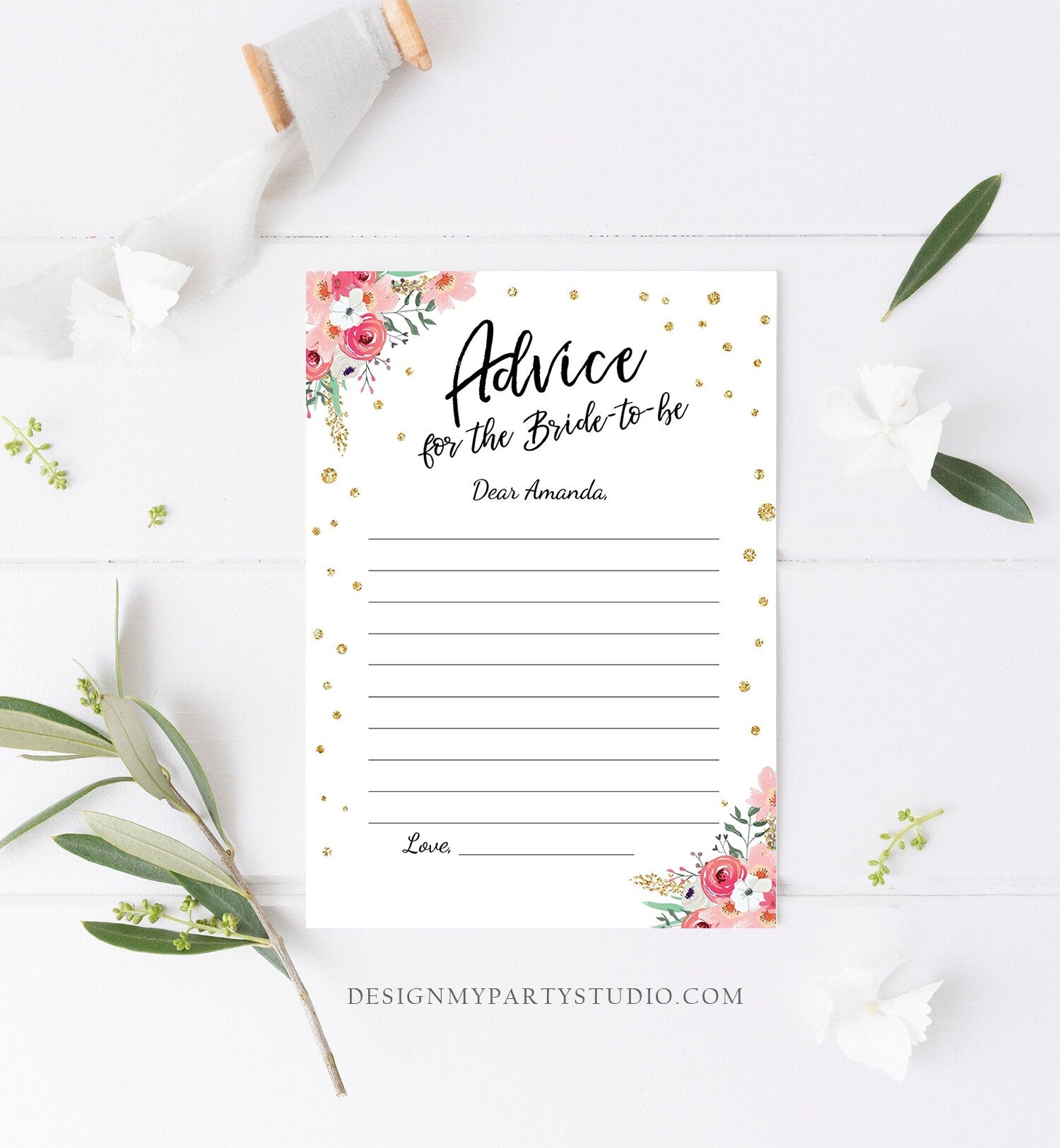 Editable Advice for the Bride-to-Be Card Words of Wisdom Advice for Bride Floral Pink Gold Game Activity Corjl Template Printable 0030 0318
