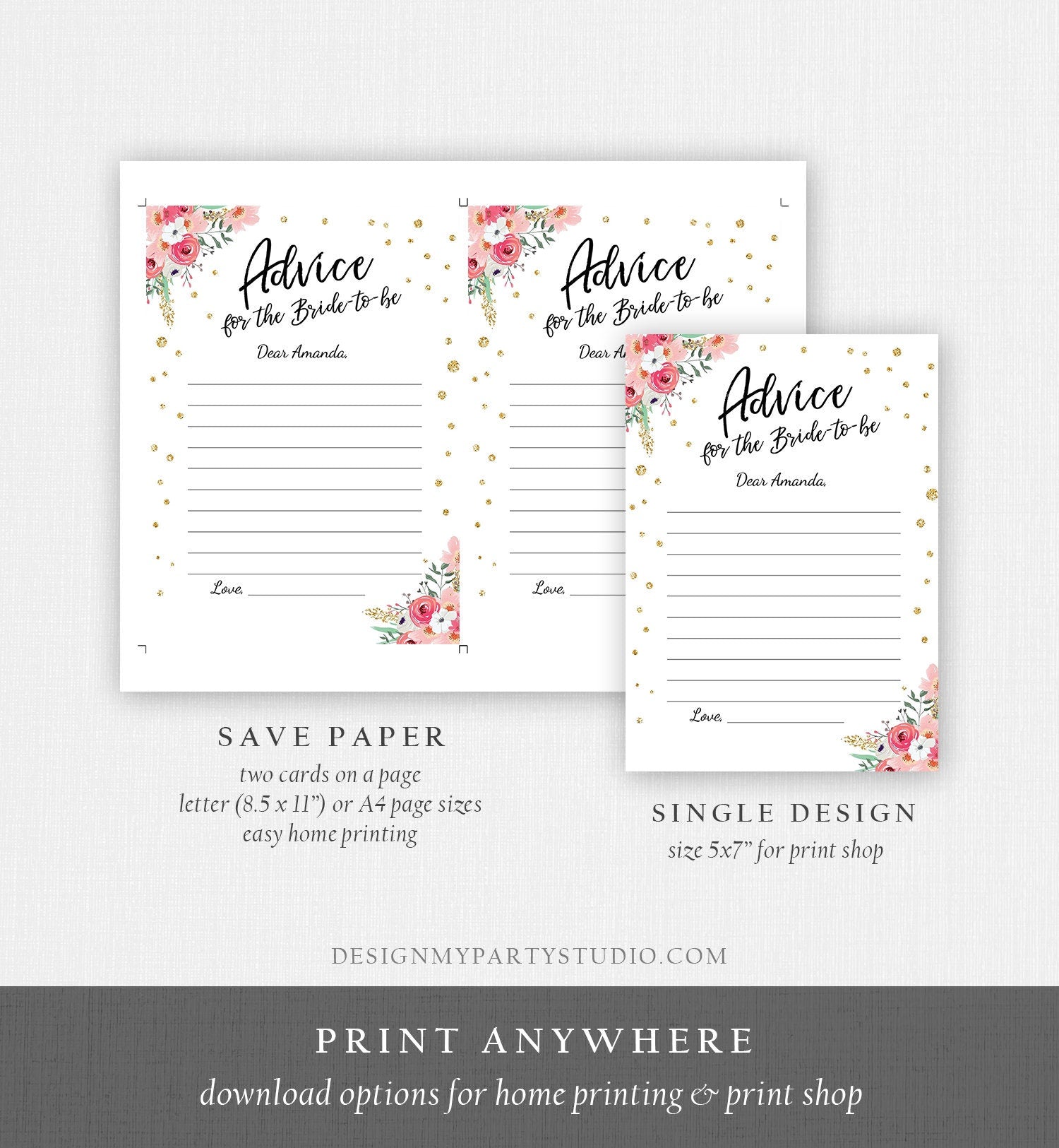 Editable Advice for the Bride-to-Be Card Words of Wisdom Advice for Bride Floral Pink Game Activity Digital Template Printable 0030 0318