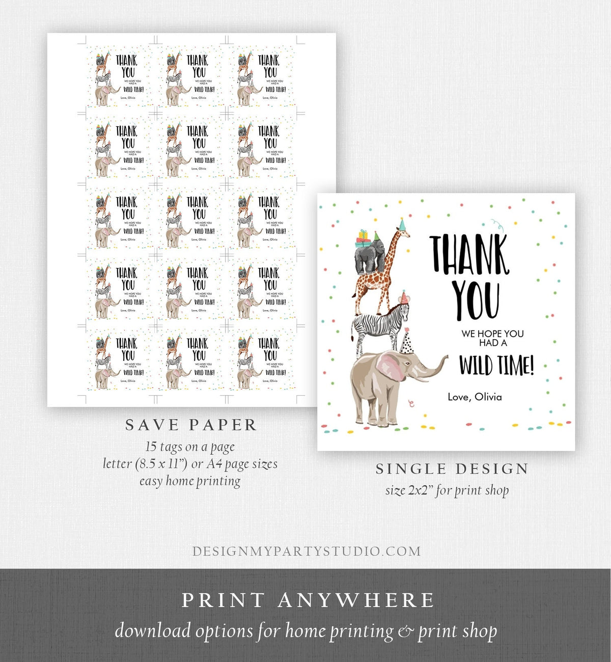 Editable Party Animals Favor Tag Wild One Animals Thank You Tag Safari Animals Birthday Wild Time Stickers Digital Template Printable 0142