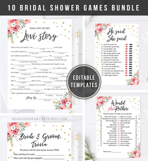 Editable Travel Adventure Floral Bridal Shower Games Bundle Wedding Shower Activity Pink Gold Confetti Corjl Template Printable 0030 0318