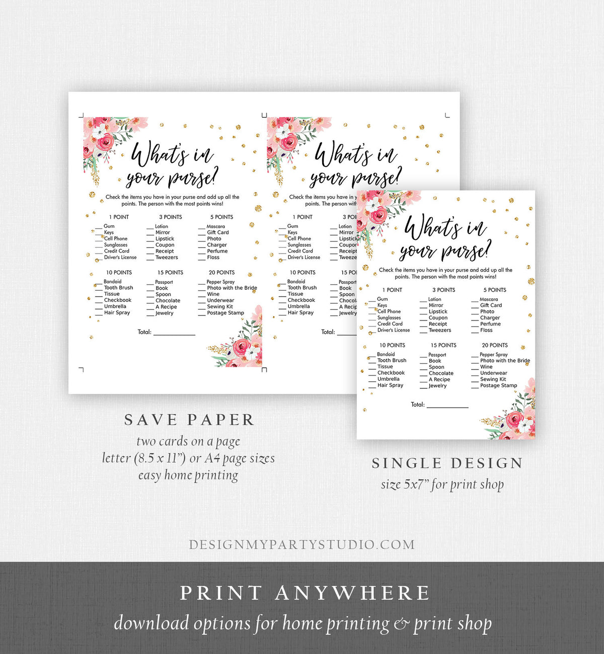 Editable What&#39;s in Your Purse Bridal Shower Game Wedding Shower Activity Pink Floral Gold Confetti Digital Template Printable 0030 0318
