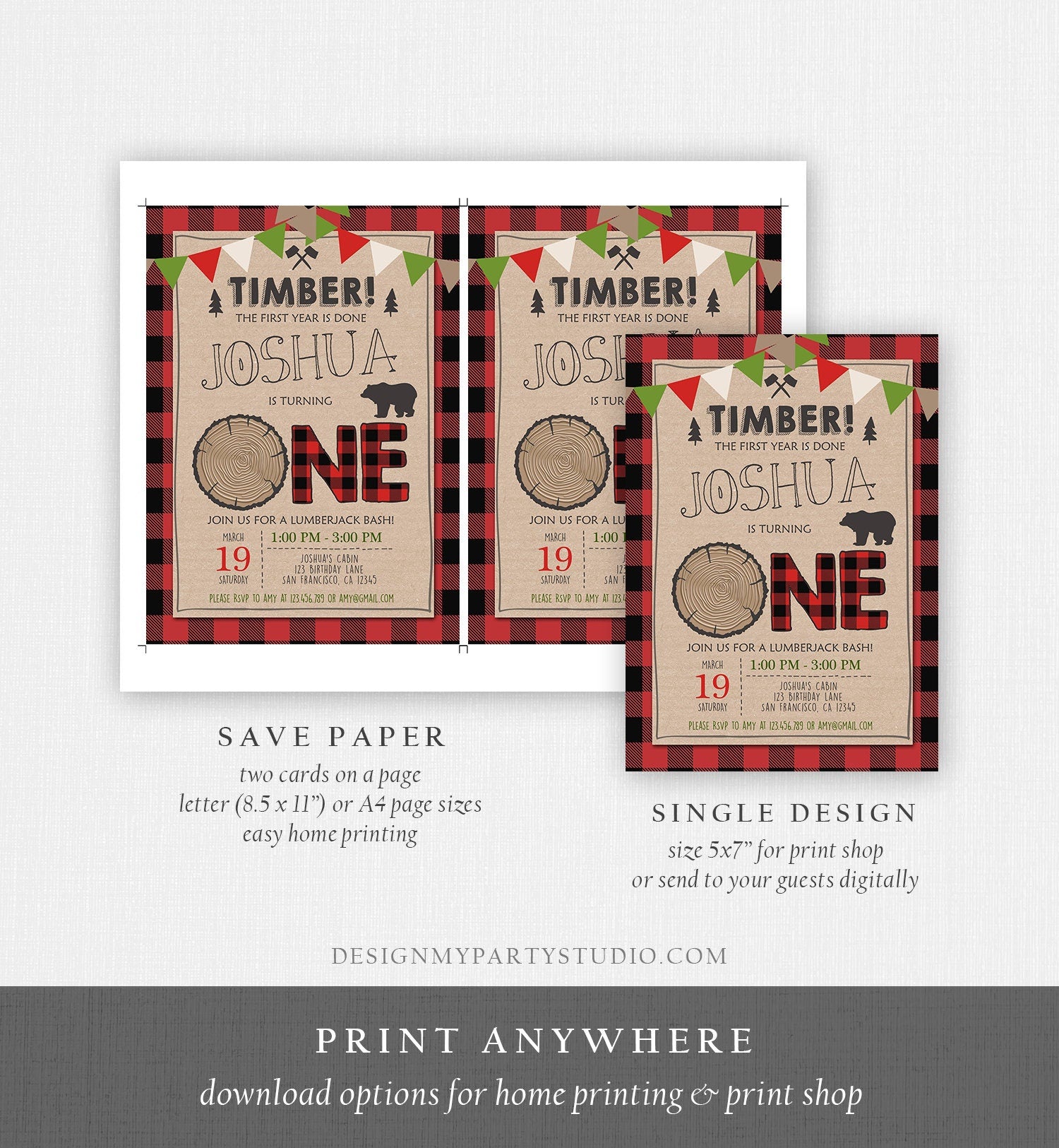 Editable Lumberjack Birthday Invitation Rustic Woodland Birthday Bear Forest Red Plaid Instant Download Printable Template Corjl 0026