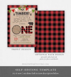 Editable Lumberjack Birthday Invitation Rustic Woodland Birthday Bear Forest Red Plaid Instant Download Printable Template Corjl 0026