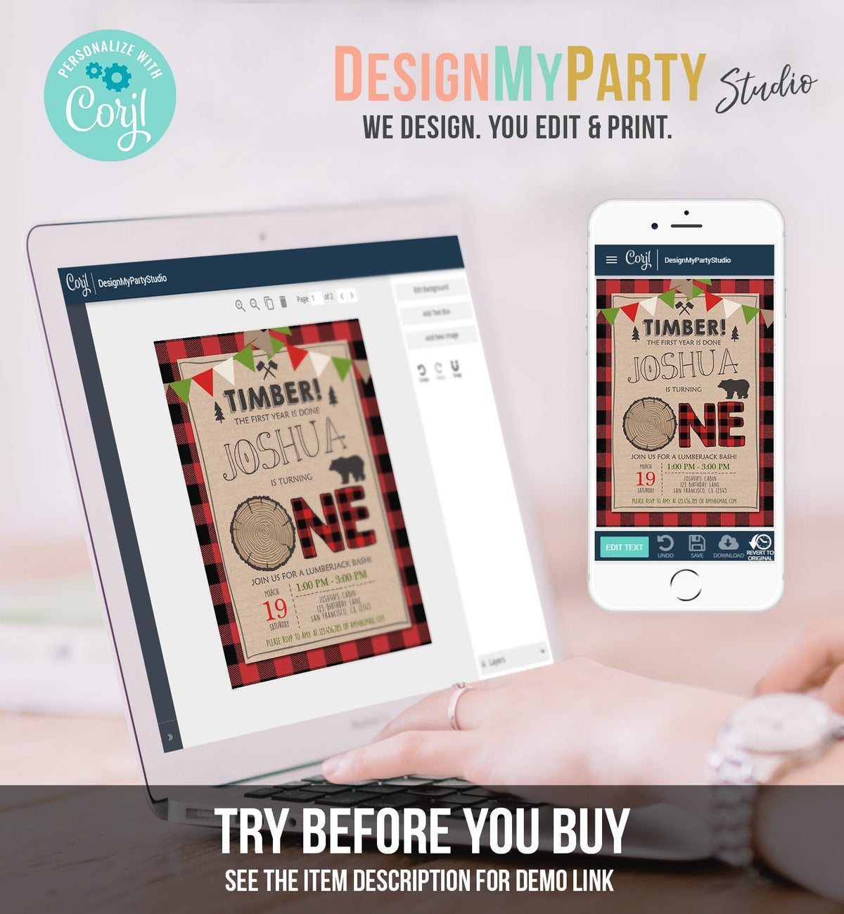 Editable Lumberjack Birthday Invitation Rustic Woodland Birthday Bear Forest Red Plaid Instant Download Printable Template Corjl 0026