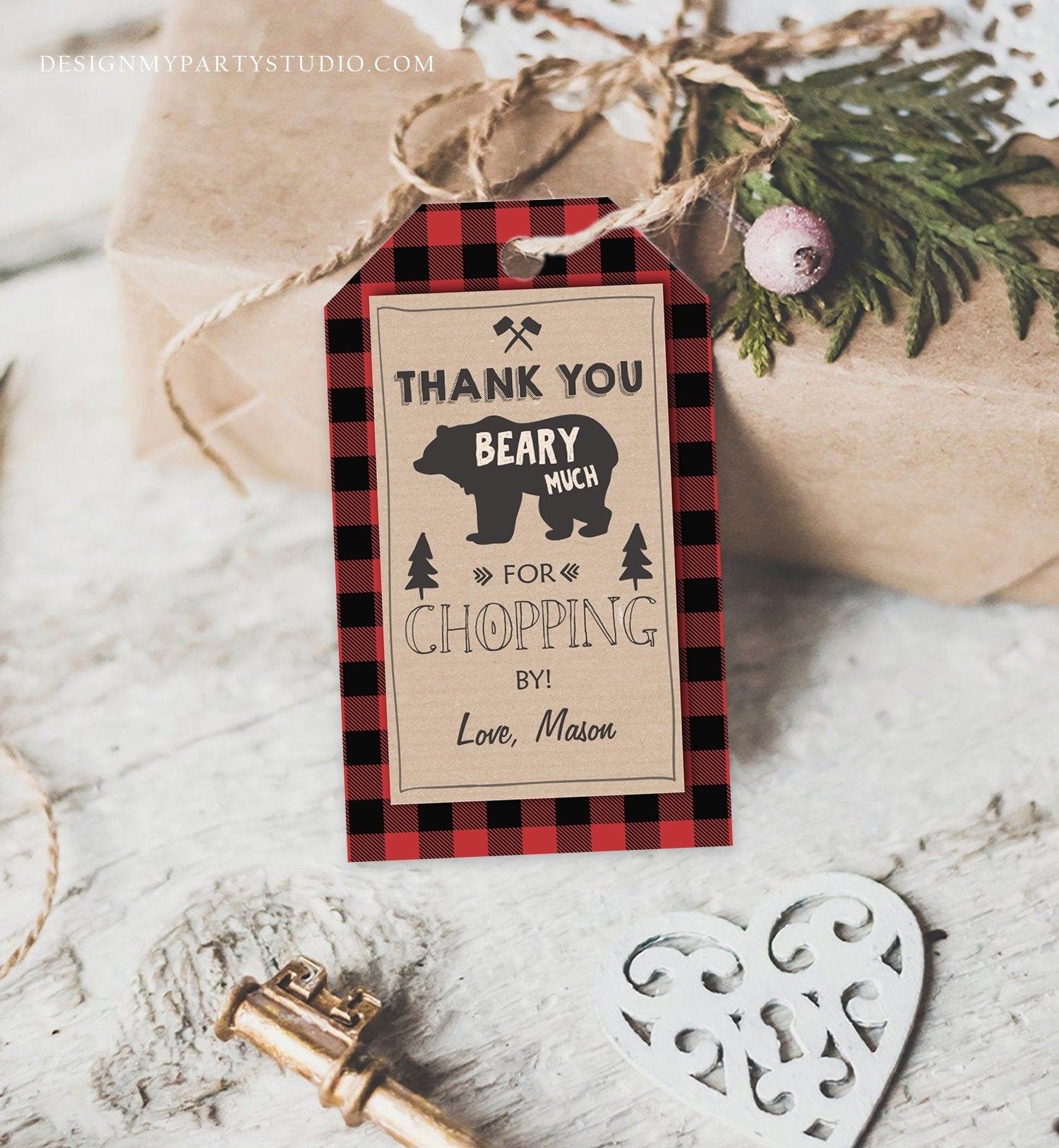Editable Lumberjack Favor Tags Thank you Beary Much Lumberjack Tags Baby Shower Chopping by Buffalo Plaid Template PRINTABLE Corjl 0026