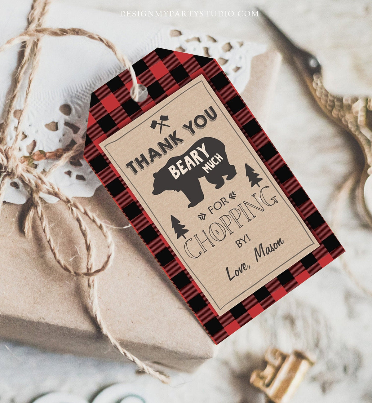Editable Lumberjack Favor Tags Thank you Beary Much Lumberjack Tags Baby Shower Chopping by Buffalo Plaid Template PRINTABLE Corjl 0026