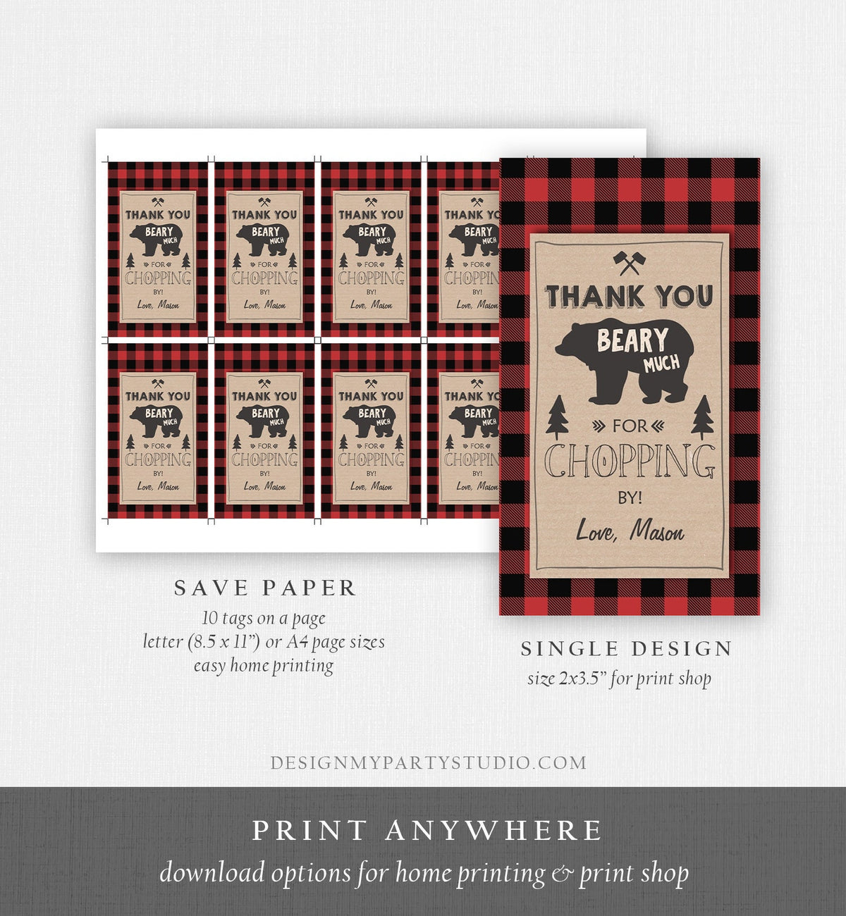 Editable Lumberjack Favor Tags Thank you Beary Much Lumberjack Tags Baby Shower Chopping by Buffalo Plaid Template PRINTABLE Corjl 0026