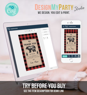 Editable Lumberjack Favor Tags Thank you Beary Much Lumberjack Tags Baby Shower Chopping by Buffalo Plaid Template PRINTABLE Corjl 0026