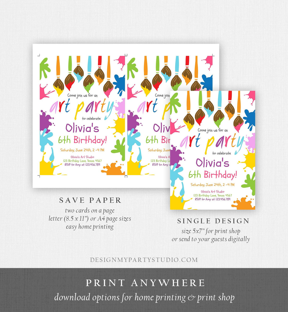 Editable Art Party Birthday Invitation Let&#39;s Paint Painting Art Party Artist Painting Arts in Party Digital Evite Template Printable 0226