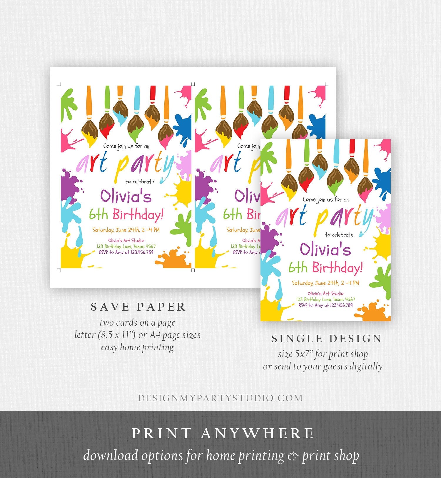 Editable Art Party Birthday Invitation Let's Paint Painting Art Party Artist Painting Arts in Party Digital Evite Template Printable 0226