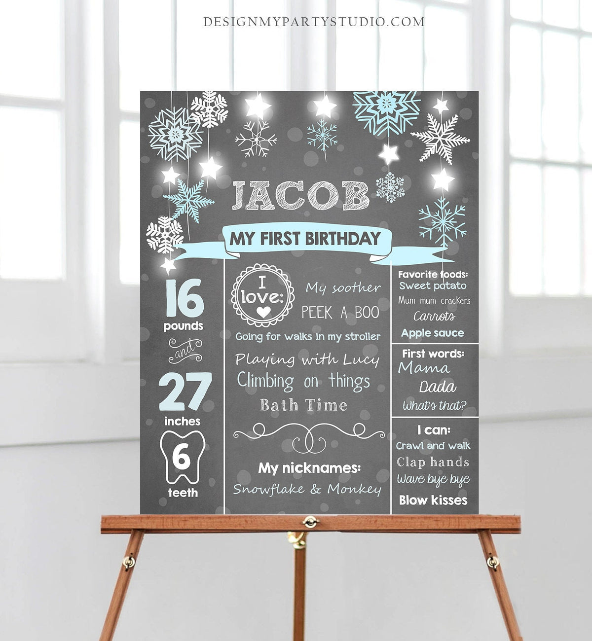 Editable Winter Onederland Birthday Milestones Sign First Birthday 1st Snowflakes Boy Blue Teal Cold Outside Digital Template Printable 0057