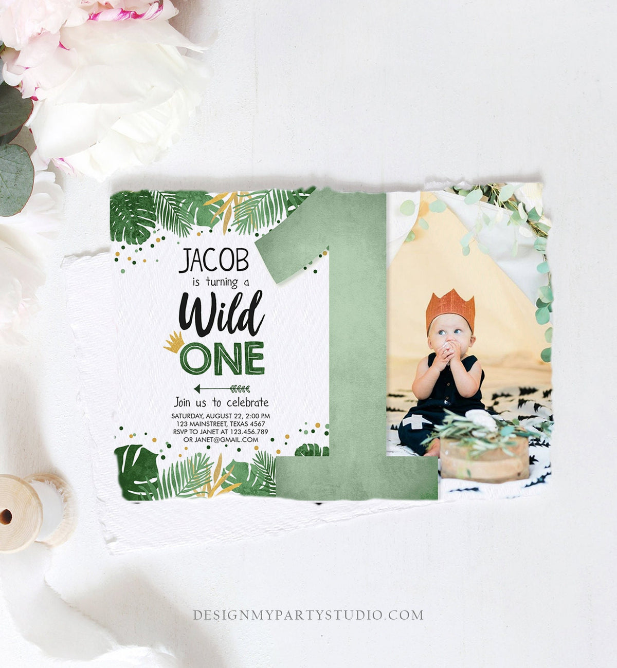 Editable Wild One First Birthday Invitation Jungle Safari Tropical Leaves 1st Birthday Confetti Boy Gold Green Template Printable 0332
