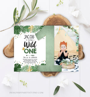 Editable Wild One First Birthday Invitation Jungle Safari Tropical Leaves 1st Birthday Confetti Boy White Gold Green Corjl Template 0332