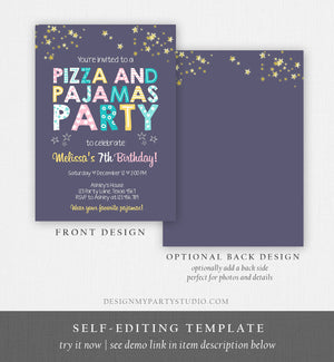Editable Pizza and Pajamas Birthday Invitation Movie Night Birthday Party Girl Pink Download Printable Corjl Template Digital Printable 0218