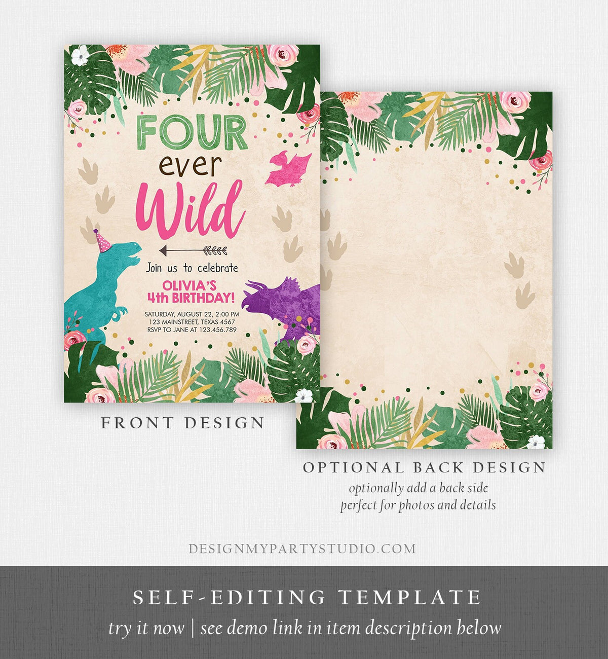 Editable Four Ever Wild Birthday Invitation Dinosaur Dino Party Girl 4th Fourth Birthday Pink Fourever Digital Template Printable 0388