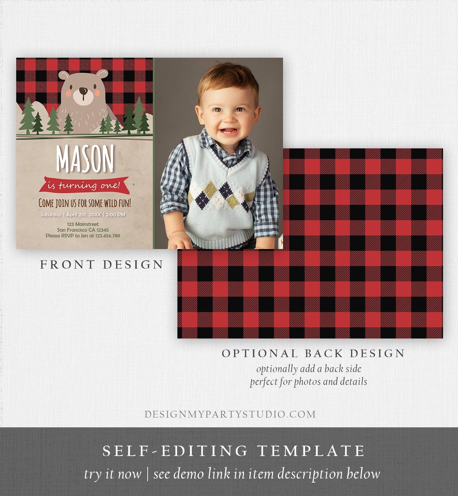 Editable Lumberjack Birthday Invitation Rustic Woodland Bear First Birthday 1st Man Cub Buffalo Plaid Forest Printable Corjl Template 0026